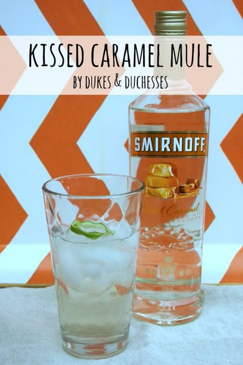 Kissed Caramel Mule- In a glass over ice, mix 1.5 ounces Smirnoff Kissed Caramel Flavored Vodka, 1.5 ounces ginger ale, 1.5 ounces club soda, a squeeze of lime, and a dash of bitters. Drinks With Caramel Vodka, Smirnoff Drinks, Salted Caramel Vodka, Vodka Mixed Drinks, Vodka Recipes Drinks, Caramel Vodka, Moscow Mules, Smirnoff Vodka, Vodka Recipes