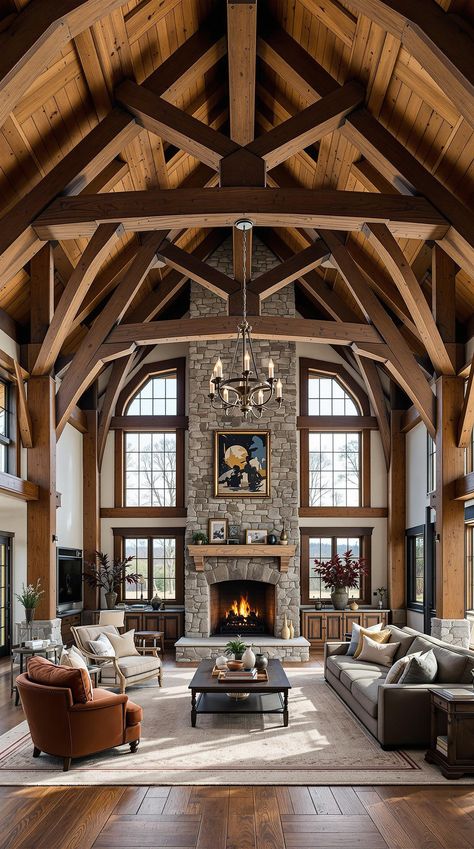 Barn Style House Ideas Timber Frame Lighting Ideas, Timber Frame Homes Interior, Barn Style House Interior, Post And Beam Homes Interior, Post And Beam Great Room, Barnhouse Homes, Timberframe Interiors, Post And Beam Interiors, Timber Frame Home Interiors