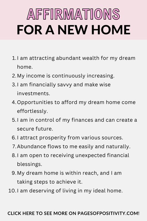 a pin that says in a large font Affirmations for New Home Manifest A Home Spell, Manifest Dream Home Affirmations, Manifest An Apartment, New Home Manifestation Spell, Manifest New Home Affirmations, Affirmations For New Apartment, Manifesting Dream Apartment, Manifestation New Home, Home Buying Affirmations