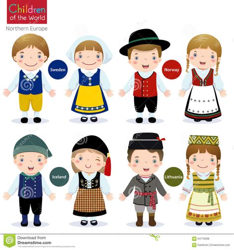 Children Of The World (Sweden, Norway, Iceland And Lithuania) Stock Vector - Image: 64779268 Norway Costume, Swedish Culture, Dress Vector, World Thinking Day, Scandinavian Folk Art, Traditional Costume, Photo Images, 귀여운 동물, Children Illustration