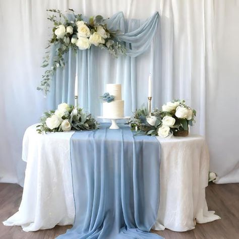 Dusty Blue Wedding Altar, Powder Blue Decor Wedding, Dusty Blue Fall Wedding Decor, Dusty Blue Wedding Chair Decor, Dusty Blue And Sage Centerpieces, Blue Themed Wedding Decor, Bride And Groom Table Dusty Blue, Wedding Table Dusty Blue, Dusty Blue Cream And Gold Wedding