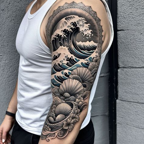 "Dive into Serenity: Ocean-Inspired Half-Sleeve" Detailed waves and shells flow seamlessly in this breathtaking black-and-grey half-sleeve tattoo. on the demand of one of our follower #HalfSleeveTattoo #OceanWaves #TattooInspiration #TattooDesign #tattoos #tattooart #tattooing #tattooideas #tattoodesign #tattooartist #tattooart #tattooinspiration Sea Full Sleeve Tattoo, Men’s Wave Tattoo, Ocean Waves Tattoo Sleeve, Black And Grey Ocean Tattoo, Ocean Tattoo Men, Trisha Tattoo, Water Sleeve Tattoo, Ocean Waves Tattoo, Ocean Tattoo Sleeve