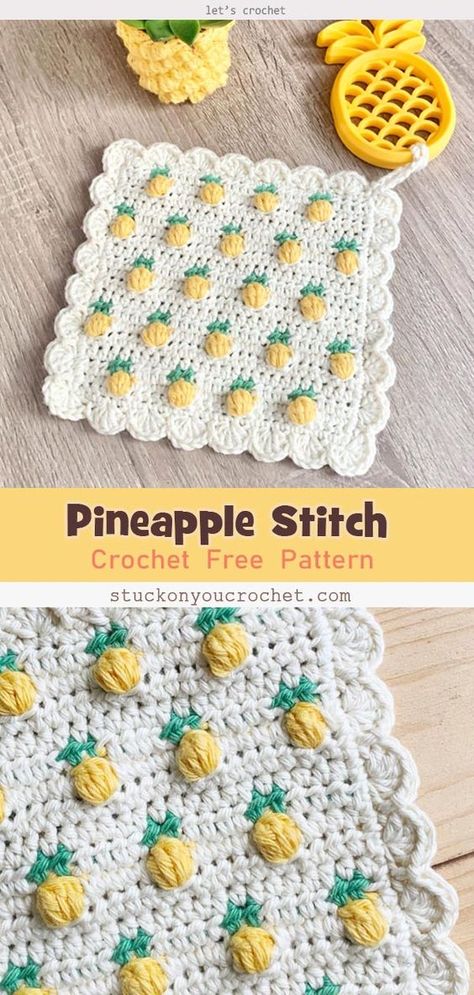 Crochet Pineapple Stitch Free Pattern Crochet Pineapple, Pineapple Crochet, Crochet Design Pattern, Adorable Crochet, Beginner Crochet Projects, Crochet Kitchen, Crochet Dishcloths, Stitch Crochet, Crochet Square Patterns