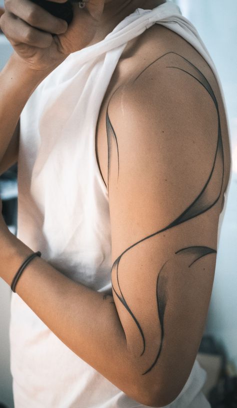 {Latest tattoo  designs and tattoo ideas huge collection of images.} Line Art Shoulder Tattoo, Organic Line Tattoo, Fine Line Abstract Tattoo, Tattoo Lines Abstract, Abstract Tattoos For Women, Line Tattoo Thigh, Solid Line Tattoo, Clear Tattoos, Abstract Lines Tattoo