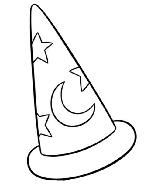 Fantasia coloring page: sorcerers hat Fantasia Hat Disney, Mickey Sorcerer Hat Tattoo, Wizard Hat Drawing, Mickey Sorcerer Hat, Disney Jeans, Indian Hat, Theme Carnaval, Happy Birthday Coloring Pages, Family Cosplay