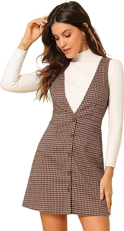 Allegra K Women's Overalls Suspenders V Neck Plaid Houndstooth Pinafore Dress #darkacademia #academiawardrobe #fallwardrobe #ad #sponsored Suspenders Dress, Suspenders Skirt, Pinafore Skirt, Plain Sweaters, Women's Overalls, Suspender Dress, Pinafore Dress, Overalls Women, Gingham Check