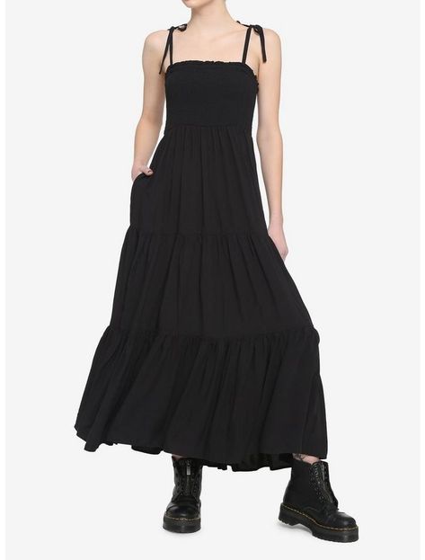 Black Smock Tiered Midi Dress Girls Maxi Dresses, Brimmed Hat, All Black Looks, Goth Dress, Tiered Midi Dress, Witchy Vibes, Pinterest Outfits, Black Midi, Smocked Dress