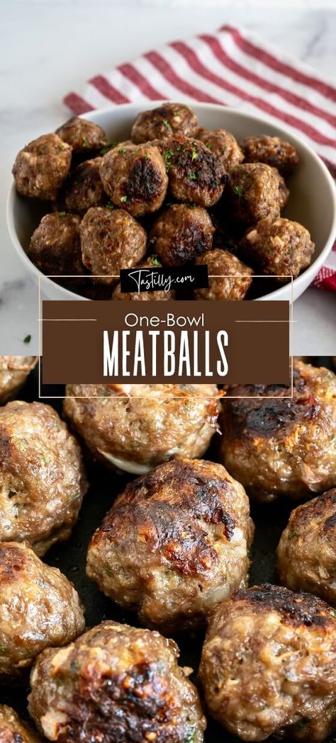 No-Fuss, One-Bowl Meatballs: Easy Recipe For Busy Nights via @tastillyb Plain Meatball Recipes, Meatballs Easy Recipe, Baking Turkey, Basic Meatball Recipe, Basic Meatballs, Baked Meat, Ground Beef Meatballs, Fried Meatballs, Turkey Meatballs Baked