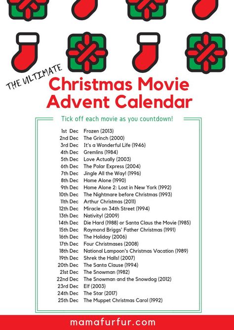 The Ultimate Christmas Movie Advent Calendar 2018 - Mamafurfur #familychristmasideas #christmasideas #debtfreechristmas #familyfun #christmas Movie Advent Calendar, Arthur Christmas, Christmas Movies List, Christmas Checklist, Christmas Movie Night, Christmas Playlist, Christmas Films, Christmas Bucket, Holiday Movies