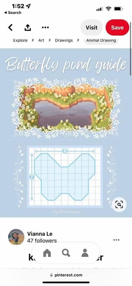 Acnh Pond Design Ideas, Pond Codes Acnh, Acnh Lagoon Design, Aesthetic Animal Crossing Island Layout, Acnh Island Pond Ideas, Puddle Design Acnh, Pathway Ideas Animal Crossing, Butterfly Lake Acnh, Butterfly Lake Animal Crossing