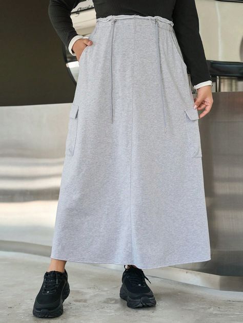 Light Grey Casual Collar  Fabric Plain A Line Embellished Slight Stretch  Women Plus Clothing Cottagecore Clothes, Drawstring Skirt, Women Bottoms, Mode Abaya, Women Cargos, Plus Size Skirts, Modest Fashion Outfits, Mode Hijab, Shein Style