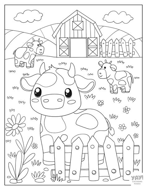 Cows on the farm with barn. Colouring Pictures For Kids, Coloring Pages Farm, Farm Animals Coloring Pages, Coloring Pages Animals, Farm Drawing, Cute Coloring Pages For Kids, Zoo Animal Coloring Pages, Drawing Notebook, Farm Coloring Pages