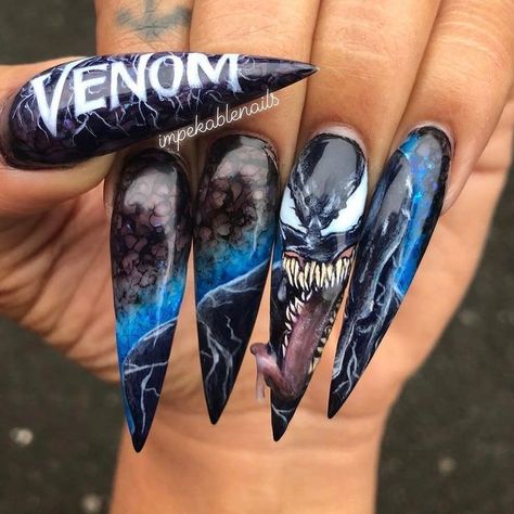 Comic Nail Art, Marvel Nails, Halloween Nail Design, Horror Nails, Halloween Acrylic Nails, Red Acrylic Nails, Gothic Nails, Long Nail Designs, Cute Acrylic Nail Designs