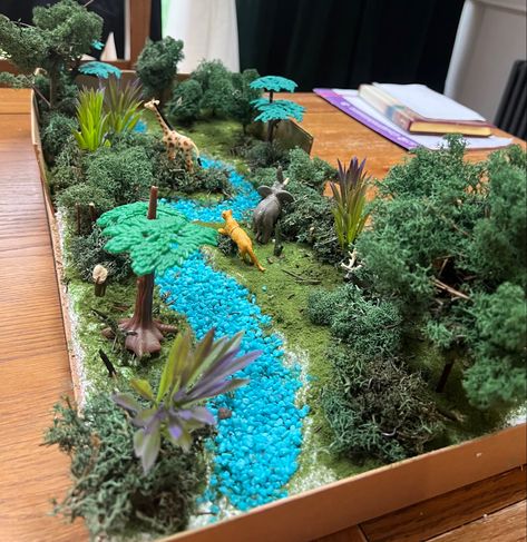 Grassland Project, River Diorama, Jungle Animals Preschool, Ecosystems Diorama, Shoe Box Diorama, Landform Projects, Habitat Project, Doll House For Boys, Biomes Project