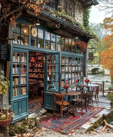 Outside Coffee Bar, Cool Bookstore Design, Dream Life Ideas, Concept Cafe Ideas, Coffee Shop Library Aesthetic, Book Shops Aesthetic, Flower Book Cafe, Book Store Cafe Design, Cute Cafe Ideas Decor