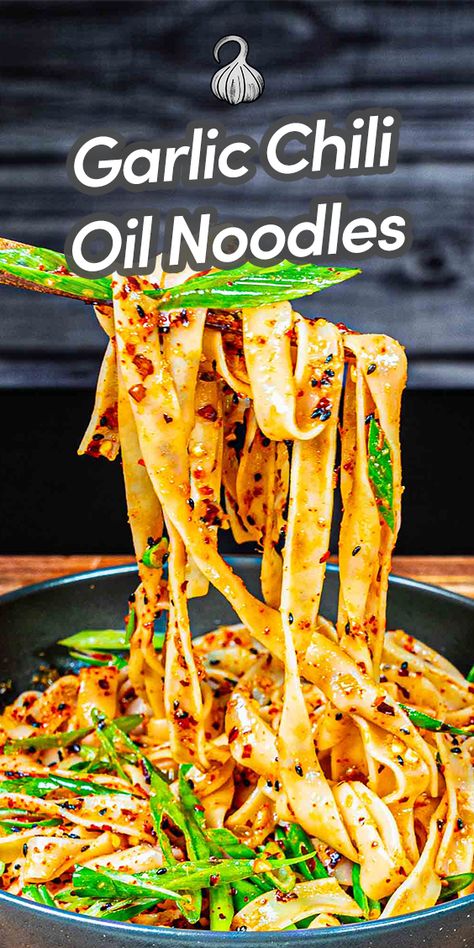 This Chili Oil Noodles recipe features a rich and savory garlic chili oil sauce drenched over waves of flat rice noodles. Experience this quick and easy, yet aromatic and flavorful noodles that are delightfully spicy and garlicky. Chili Oil Egg Noodles, Easy Spicy Garlic Chili Oil Noodles, Rice Noodle Recipes, Asian Noodle Recipes, Asian Inspired Dishes, Easy Asian Recipes, Chili Oil, Vegetarian Pasta, Homemade Pasta