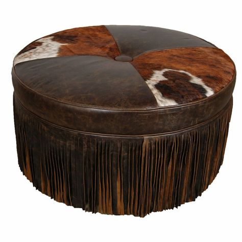 Dodge City Ottoman with Fringe Western Living Room Furniture, Western Chair, Ottoman Leather, Western Living Room, Cowhide Ottoman, Cowhide Furniture, Brindle Cowhide, Dodge City, Ranch Decor