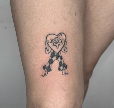 Aesthetic Clown Tattoo, Clown Tattoos For Women, Dancing Clown Tattoo, Jester Clown Tattoo, Mini Clown Tattoo, Black And White Clown Tattoo, Clown Tattoo Aesthetic, Silly Clown Tattoo, Cute Jester Tattoo