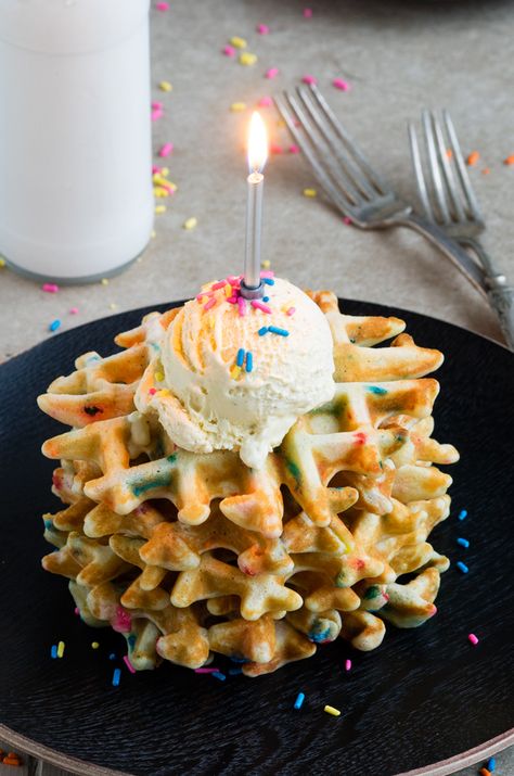 Funfetti Waffles - top with ice cream for a special breakfast | The Worktop Funfetti Waffles, Breakfast For Mom, Birthday Cake Alternatives, Birthday Breakfast, Waffle Toppings, Creative Birthday Cakes, Healthy Cake, Waffle Recipes, Waffle Maker