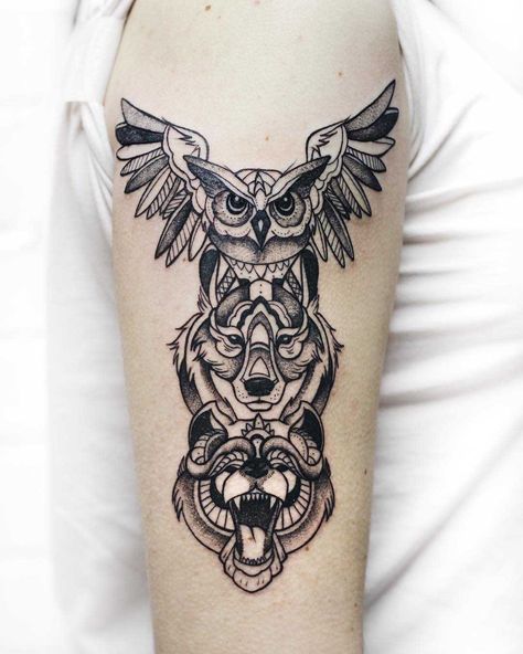 Animal spirit totem tattoo by Sasha Kiseleva inked on the right arm Totem Pole Tattoo, Pole Tattoo, Spirit Animal Tattoo, Totem Tattoo, Serpent Tattoo, Native Tattoos, Tattoo Prices, Animal Spirit, Red Tattoos