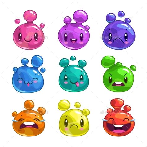 Funny cartoon colorful little bubble characters, cute jelly creatures, vector game assets, isolated on white Art Bubbles, Candy Cartoon, Jelly Art, Game Gui, Vector Game, Funny Game, Cute Alien, Alien Design, Game Character Design