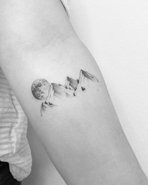 Mountains With Moon Tattoo, Nature Lovers Tattoo, Mountain Tattoo With Moon, Moon Nature Tattoo, Mountain Scape Tattoo, Moon Mountain Tattoo, Mountain Moon Tattoo, Mountain And Moon Tattoo, Tattoo Ideas Mountains