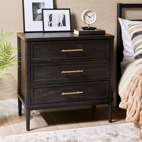 Better Homes & Gardens Oaklee 3-Drawer Nightstand with USB, Charcoal Finish | Walmart (US) Charcoal Nightstand Bedroom, Night Stand For Grey Bed, Walmart Furniture Bedroom, Walmart Bedroom Ideas, Walmart Nightstand, Wide Nightstand Master Bedrooms, Big Nightstand, Bedroom With Black Furniture, Nightstands Ideas Bedside Tables