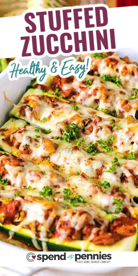 Stuffed Zucchini Boats are the perfect way to enjoy your fresh summer zucchini! Tender zucchini filled with a silky meat sauce, topped with cheese and baked until tender. #stuffedzucchini #zucchini #spendwithpennies #healthyrecipes #lowcarbrecipes #easydinners #stuffedrecipes Easy Zucchini Boat Recipes, Healthy Zucchini Boats, Ground Beef Zucchini Boats, Zucchini Boats Beef, Stuffed Zucchini Boats Vegetarian, Zucchini Boats Vegetarian, Healthy Stuffed Zucchini, Garden Zucchini, Best Zucchini Recipes