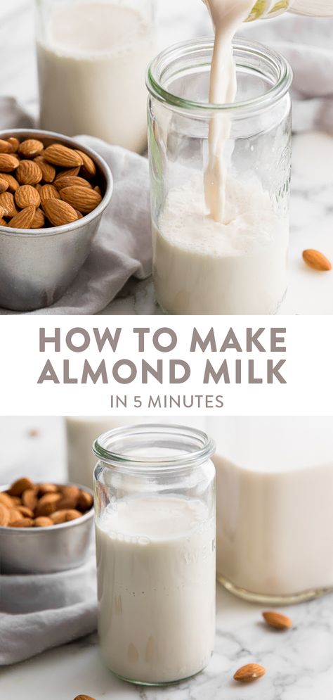 Want to learn how to make almond milk? You only need 5 minutes, a couple ingredients, and a high speed blender to make the richest and creamiest almond milk you'll ever have. Vegan, Whole30, and paleo! #almondmilk #vegan #whole30 #paleo #dairyfree Essen, Diy Almond Milk, Almond Milk Recipes Homemade, Almond Pulp Recipes, Pulp Recipe, Make Almond Milk, Almond Milk Recipes, Homemade Almond Milk, Vegan Milk