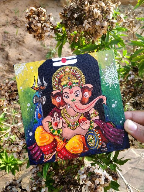 Lord Ganesha Canvas Painting, Small Canvas Ganesha Painting, Canvas Painting Ideas Ganesha, God Painting On Canvas, Ganesha Drawing Painting, Cute Ganesha Painting, Ganesh Ji Painting On Canvas, Ganpati Drawing Ganesha Painting, Ganesha Painting Acrylics