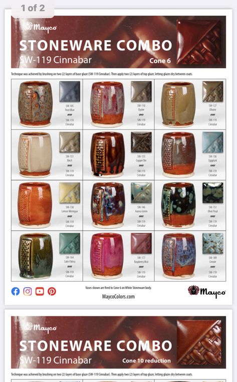 Mayco Stoneware Glazes, Cinnabar Glaze Combinations, Ceramics Diy, Glaze Layering, Clay Arts, Glaze Combinations, Glaze Combos, Glaze Ideas, Beginner Pottery