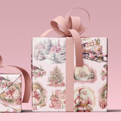 Pink Victorian Christmas, Pink Gingerbread, Vintage Christmas Wrapping Paper, Village Christmas, Pink Victorian, Gingerbread Village, Holiday Wrapping Paper, Custom Wrapping Paper, Christmas Villages