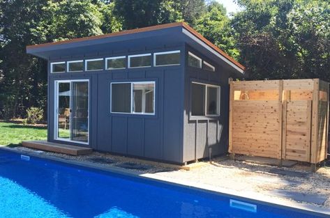 Portable Pool House Shed in PA Backyard Pool House, Pool House Shed, Prefab Pool House, Pool House Design, Backyard Upgrades, Prefab Sheds, Portable Pools, Pool Pavilion, Custom Sheds