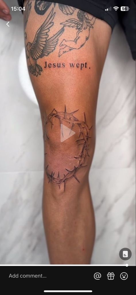 Bible Chapter Tattoo, Faith Leg Tattoo Men, Biblical Leg Tattoos, Crown Of Thorns Knee Tattoo, Ave Christus Rex Tattoo, Christian Arm Sleeve Tattoos, Christian Chest Tattoo, Thy Will Be Done Tattoo, Biblical Art Tattoo