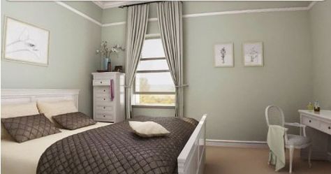 Crown paint - mellow sage Bedroom Paint Colours, Bunny Hutches, Crown Paint, Sage Bedroom, Interior Paint Colors Schemes, Wall Colours, Victorian Living Room, Flat Decor, Wall Colour