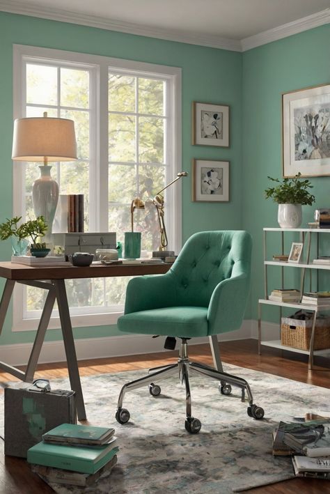 Mint Green Office, Paint Colors 2024, Green Room Colors, Modern Paint Colors, Bright Room, Aqua Paint, Girl Apartment, Cozy Office, Girly Decor