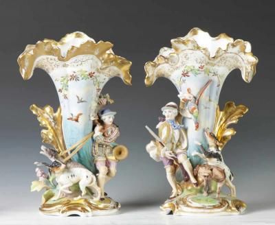 Old Paris Porcelain Spill Vases 19th Cent. With hunters and hunting dogs.Condition: Interior base chip to one.Dimensions: Ht. 16 1/2'' Max. W 10'' Paris Porcelain, Green Glass Bottles, Old Paris, Antique China, Keramik Vase, Bisque Porcelain, Antique Porcelain, Beautiful Vase, Fine Porcelain