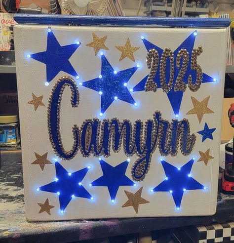 Cheer Crate Ideas, Cheer Boxes Designs High School, Cheer Box Ideas High School, Cheer Box Ideas, Hoco Overalls, Senior Basket, Cheer Box, Varsity Cheer, Cheer Ideas