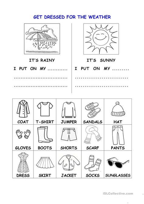 Get dressed for the weather - English ESL Worksheets for distance learning and physical classrooms Weather And Clothes Worksheet, Clothes Worksheets For Kids, Weather Worksheets For Kids, Weather Esl, Esl Clothes, Clothes Worksheet, Dress For The Weather, Ingles Kids, Seasons Worksheets