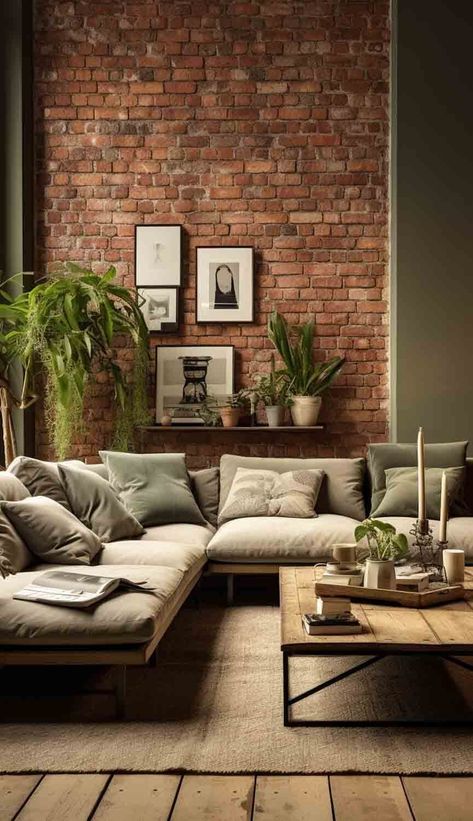 Scandinavian simplicity takes center stage in this exposed brick living room. Clean lines, muted tones, and a touch of hygge create a serene retreat, marrying the coziness of brick with Nordic design. See more on Nymphs Daily Blog. Industrial Living Room Brick Wall, Exposed Brick Interior Design, Exposed Brick Fireplace Living Room, Clean Lines Living Room, Exposed Brick Walls Living Room, Nordic Living Room Scandinavian Interiors, Living Room With Exposed Brick, Exposed Brick Living Room, Brick Wall Interior Living Room