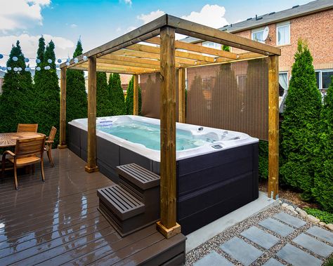 Spa Pergola, Swim Spa Deck, Swim Spa Landscaping, Hot Tub Privacy, Spa Landscaping, Backyard Spa, Diy Hot Tub, Swim Spas, Hot Tub Backyard