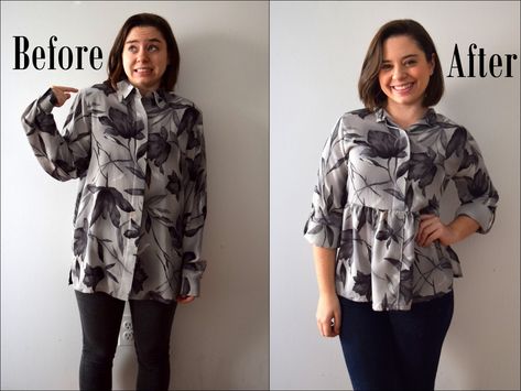 #RefashionFriday Blouse to Peplum – trish stitched Upcycle Blouse, Blouse Refashion, Ropa Upcycling, Clothes Upcycle, Clothing Upcycle, Upcycle Ideas, Upcycle Clothes Diy, Make Your Own Clothes, Shirt Refashion