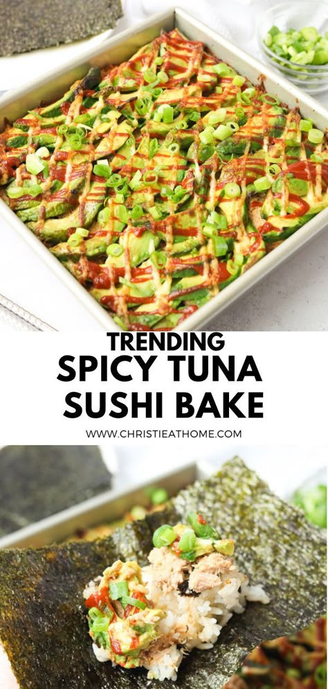 Spicy Tuna Sushi Bake. An easy and delicious sushi bake with a layer of sushi rice, sriracha mayo tuna, avocado and green onions broiled and wrapped in nori. Tasty and simple to make at home. A popular trend now that is worth trying if you love sushi but don’t want to deal with the fuss of rolling! Great for dinner or lunch. #sushi bake #sushi bake easy #sushi bake recipe #sushi bake recipe easy #sushi bake recipe how to make #recipe #easy #recipe easy #tuna #recipe how to make #spicy tuna Tuna And Salmon Sushi Bake, Sushi Bake With Chicken, Nori Tuna Wraps, Sushi Bake With Canned Tuna, Sushi Bake Tuna And Crab, Sushi Recipes Without Rice, Sushi Bake No Salmon, Sushi Bake Recipe Tuna, Tuna Sushi Bites