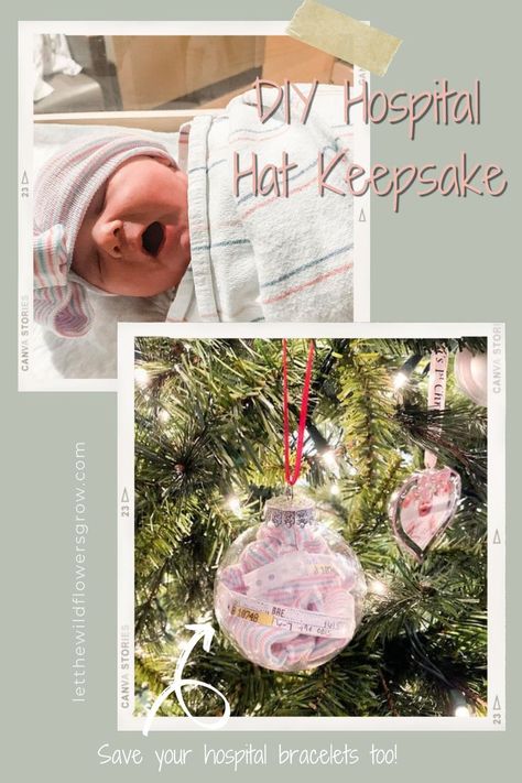 Easy DIY Christmas ornament keepsake for your baby's hospital hat and your hospital bracelets. I don't know about you but I didn't want to just throw away our first set of matching bracelets, and she got 3 hats from the hospital so I wanted to preserve some of these special items in a keepsake. Visit my blog to learn more tips on how you can create this easy DIY hospital hat keepsake. Baby Hospital Bracelet Ornament, Hospital Hat Ornament, Hospital Bracelet Ornament, Baby Keepsake Ornament Diy, Newborn Ornament Diy Baby Keepsake, Baby Sonogram Ornament Diy, Baby First Ornament Diy, Hospital Bracelet Keepsake, Newborn Ornament Diy