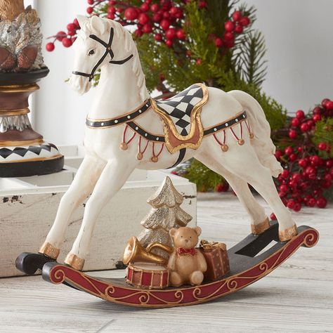 Wooden Rocking Horse Christmas Decor, Christmas Horse Decor, Rocking Horse Aesthetic, Gingerbread Rocking Horse, Hermes Christmas, Painted Rocking Horse, Rocking Horses Painted, Horses Christmas, Christmas Rocking Horse