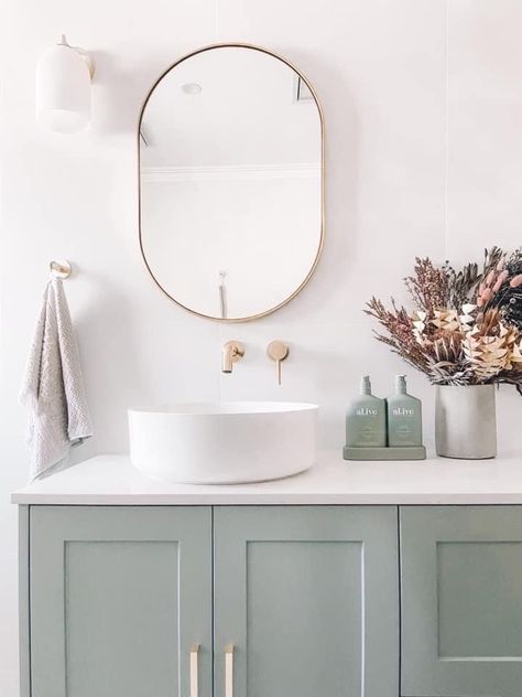 Green Bathroom Vanity, Green Vanity, Downstairs Bathroom, Girls Bathroom, Upstairs Bathrooms, Bathroom Inspo, Green Bathroom, Laundry In Bathroom, Bathroom Style