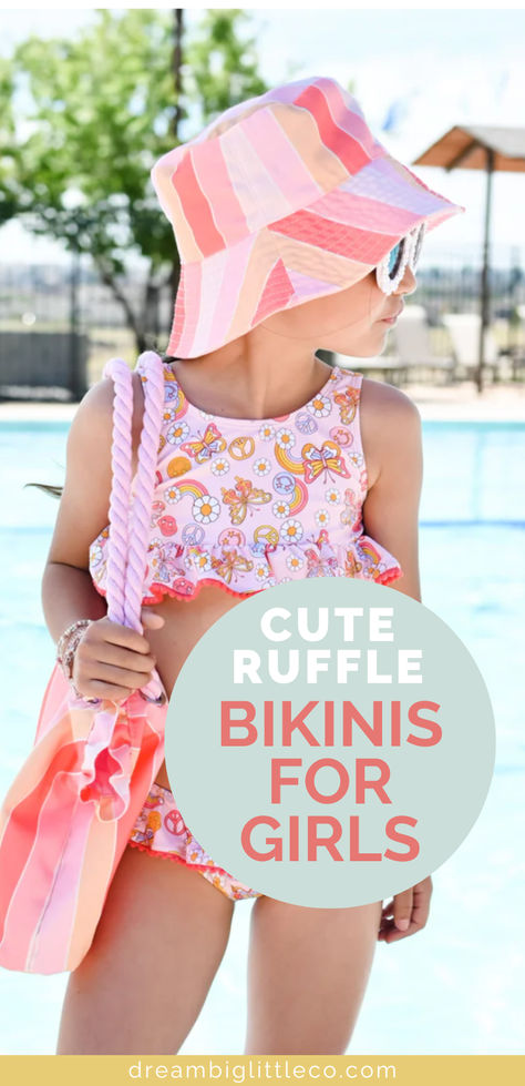 girl standing near a pool wearing a two piece tankini swimsuit and coordinating beach bucket hat. The girls swimsuit has butterflies all over it and the beach hat has wide stripes in coordinating colors. Girls Bathing Suit Two Piece, Comfy Swimwear, Kids Swim, Girls Girl, Boys Swim, Swim Tankini, Swim Suits, Cute Swimsuits, Cute Bikinis