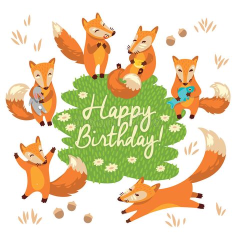 Happy birthday card with cute foxes in vector vector illustration Funny Foxes, Fox Birthday Party, Japanese Kitsune, Cute Foxes, Happy Birthday Illustration, Fox Birthday, Cool Birthday Cards, Birthday Illustration, Fox Illustration