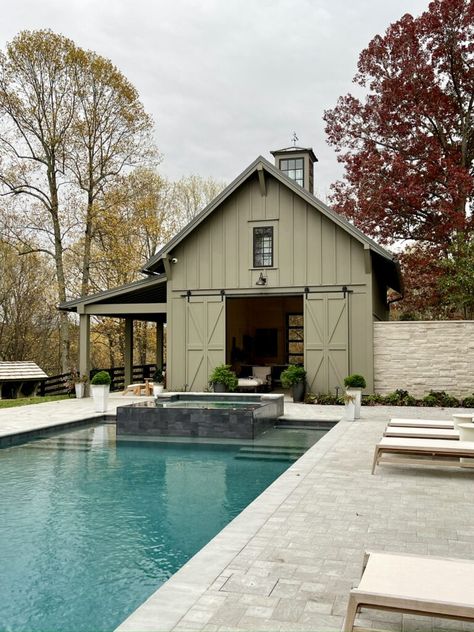 Ideas from the Southern Living Idea House Pool House Kitchen Ideas, French Country Pool House, Farm Pool House, Pool House With Fireplace, Country Pool House, Pool House Guest House Combo, Farmhouse Swimming Pool, Guest Pool House, Farmhouse Pool Ideas