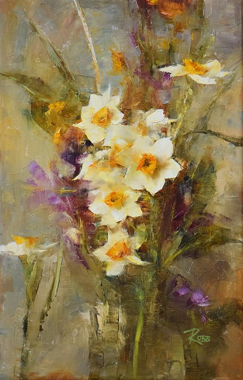 Bouquet with Narcissus by Laura Robb, Oil, 14 x 9 Laura Robb, Piskel Art, Narcissus Flower, Sunflower Pictures, Sunflower Wallpaper, Dream Artwork, Tattoo Cover, Hanging Paintings, Star Wars Wallpaper